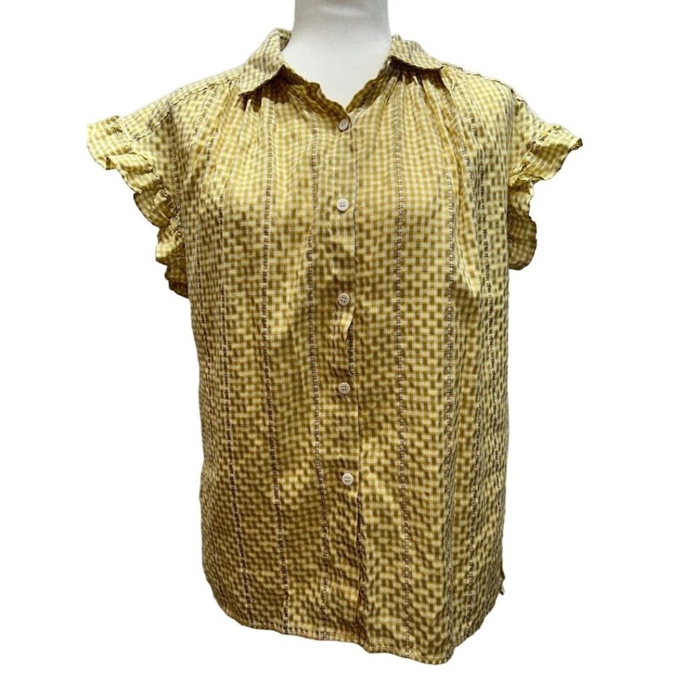 Max Studio Gingham Check Textured Button Up‎ Ruffled Sleeves Yellow Shirt M